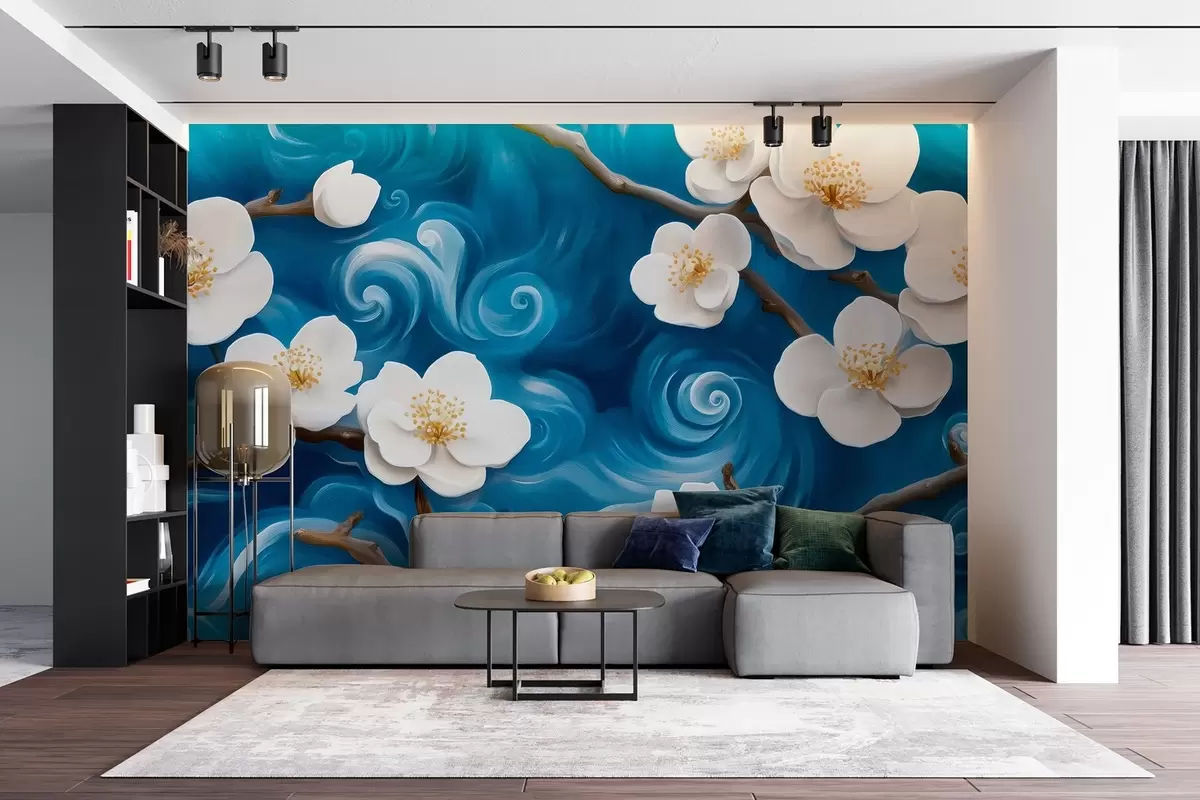 murales de pared Almendro en flor al estilo de Van Gogh, flores blancas contra un cielo azul nublado w08707