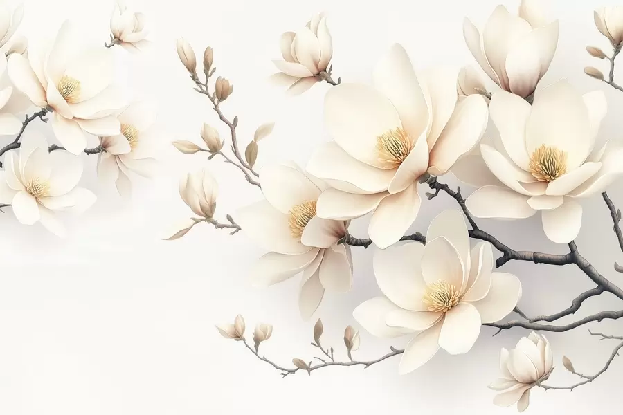 murales de pared Preciosas flores de magnolia de color crema sobre fondo blanco w08721