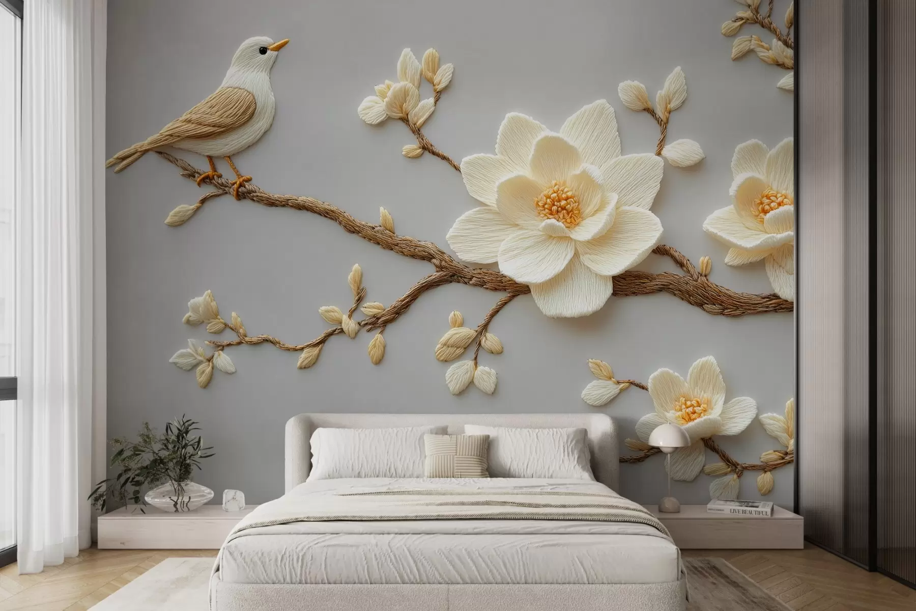 murales de pared En el estilo de las flores de magnolia bordadas con un pájaro en una rama sobre un fondo azul claro w08724