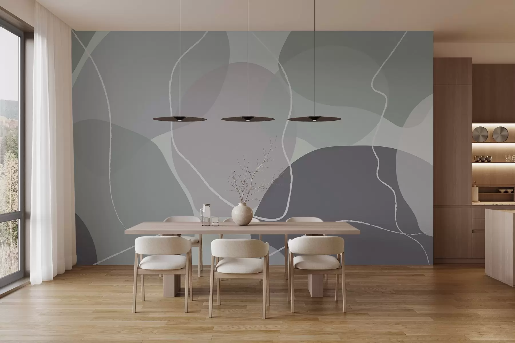 murales de pared Estampado abstracto de suaves formas orgánicas en tonos gris verdoso y lavanda, acentuado por delicadas líneas blancas w03039v1