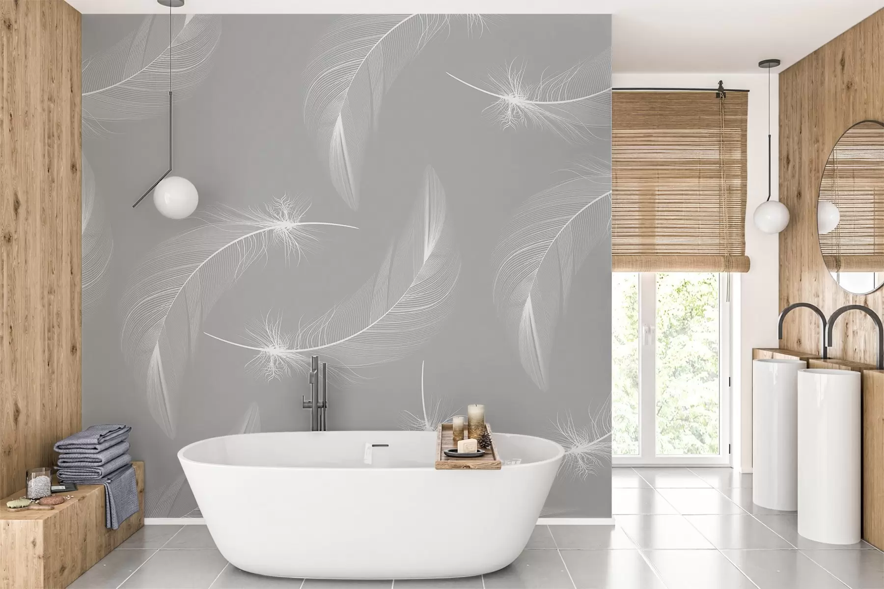 murales de pared Plumas sobre fondo gris, plumas blancas claras w03043v1