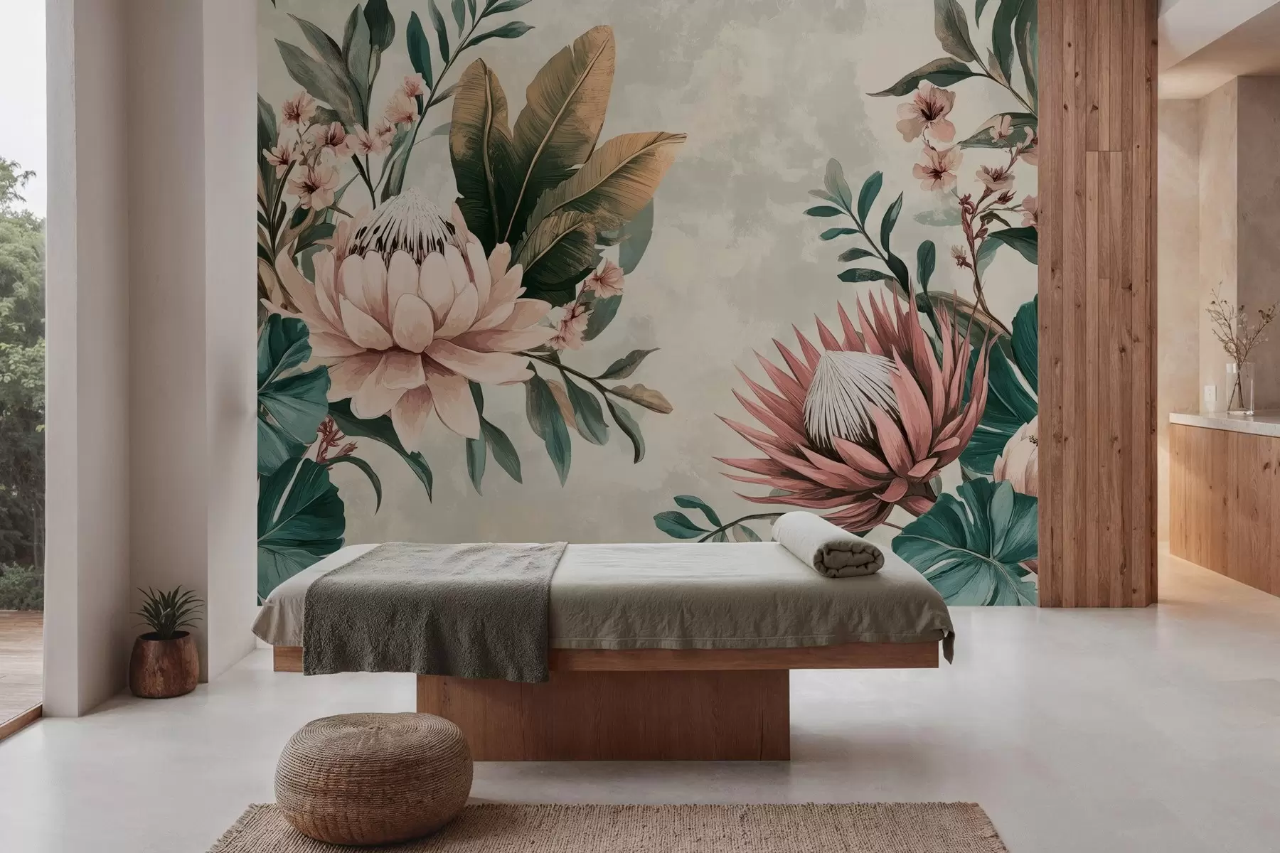 murales de pared plantas exóticas, hojas de palmera y flores de protea inspiradas en el vintage w03015