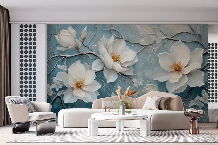murales de pared Flores blancas escarchadas sobre fondo azul al estilo de la pintura al óleo w03018