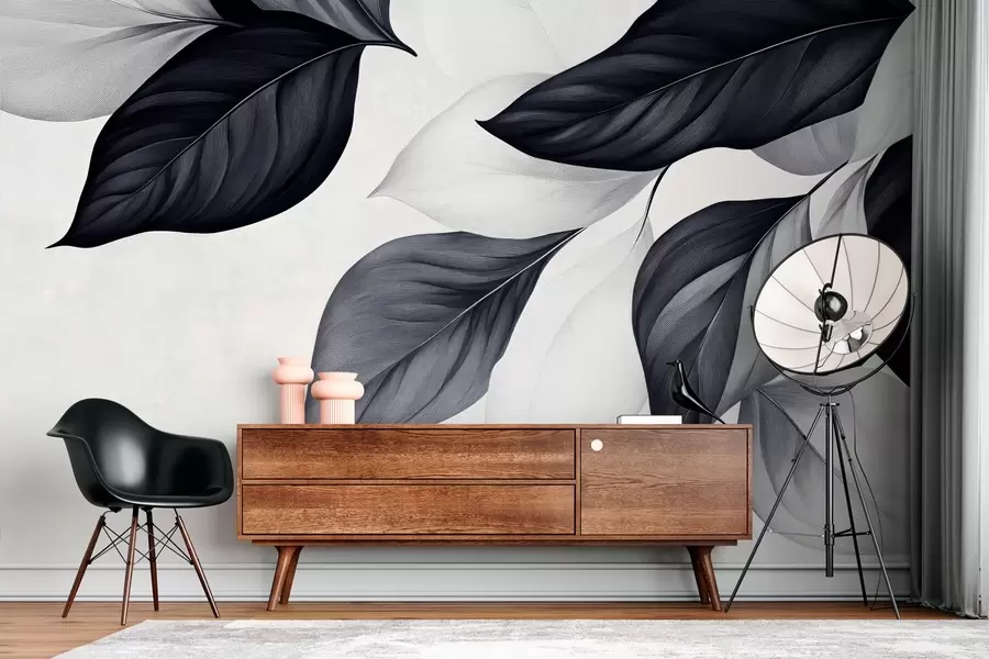 murales de pared Hojas gráficas en blanco y negro w03020