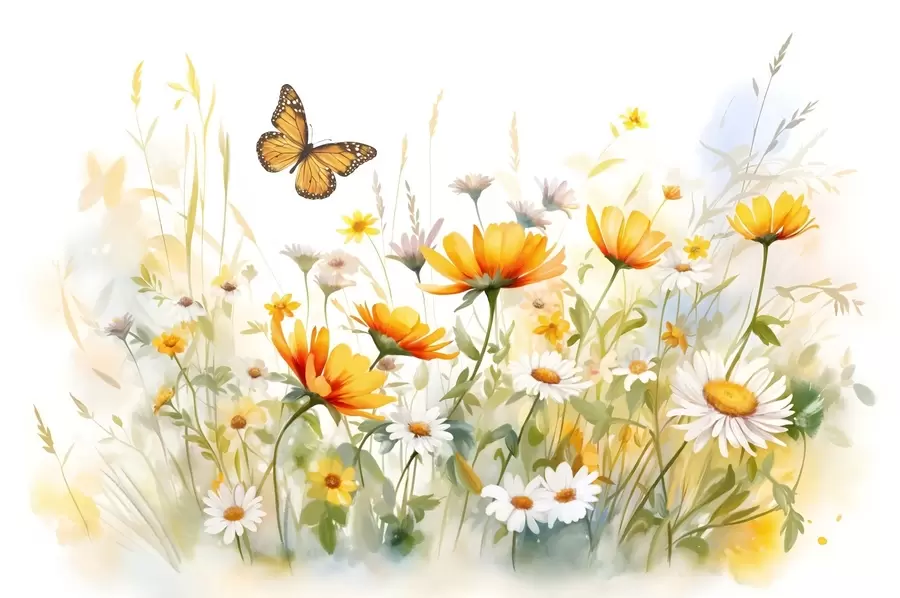 murales de pared Un vibrante campo de flores en forma de acuarela con flores naranjas y amarillas y una mariposa sobre las flores w08739