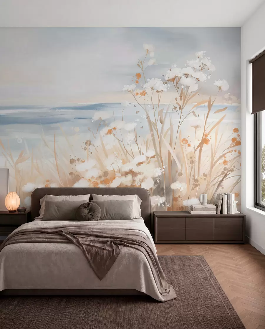 murales de pared Flores abstractas blancas con delicados tallos en una hierba, sobre un fondo suave y apagado de un mar y un cielo en calma  w08740