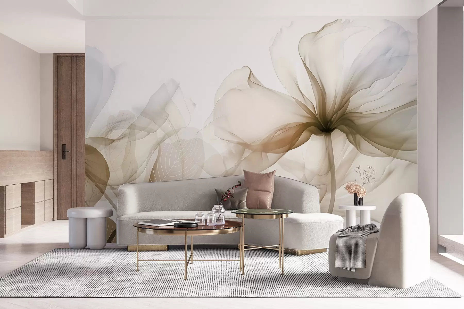 murales de pared Flores abstractas marrones con pétalos suaves y translúcidos y delicados detalles, sobre fondo blanco w08742v1