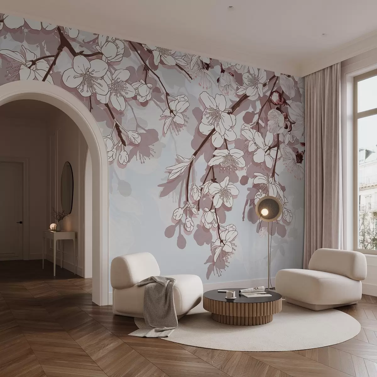 murales de pared Ramas de cerezos en flor con delicadas flores blancas y toques rosas sobre un fondo azul claro w08743
