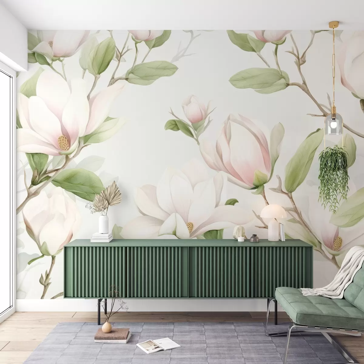 murales de pared Elegantes ramas de magnolia con delicadas flores blanco-rosadas y hojas verdes sobre fondo claro w03046