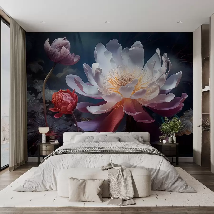 murales de pared Fantásticas flores floreciendo en una atmósfera oscura de cuento de hadas w08747
