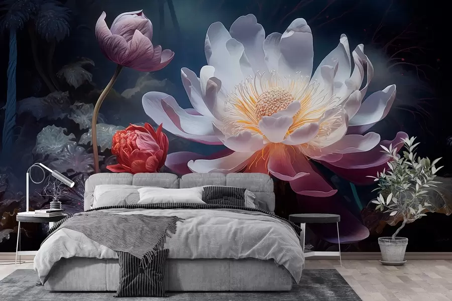 murales de pared Fantásticas flores floreciendo en una atmósfera oscura de cuento de hadas w08747