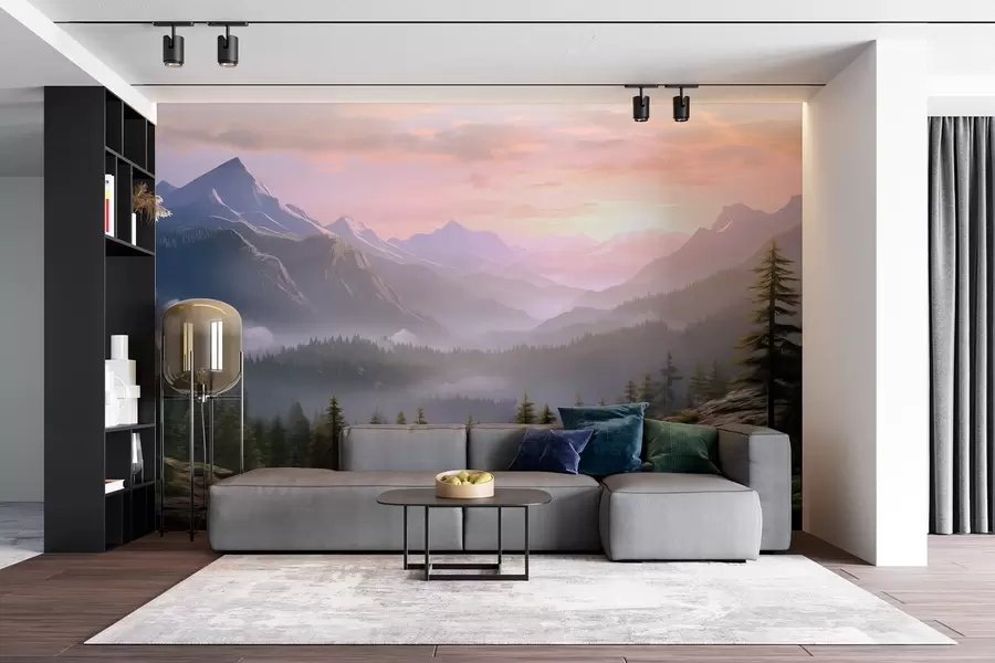 murales de pared Sereno paisaje de montaña al amanecer con suave niebla sobre el fondo de un bosque w08750