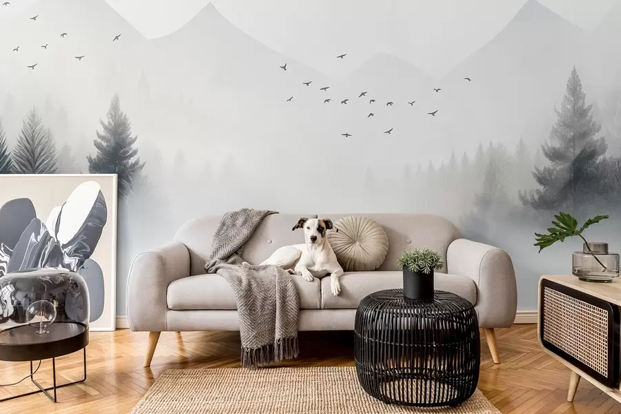 murales de pared Sereno bosque invernal en la ladera de una montaña en tonos blancos y grises claros w08756