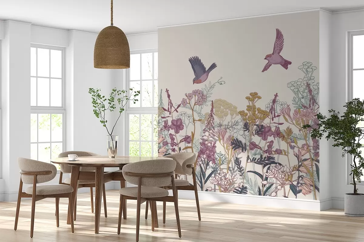 murales de pared Flores silvestres y aves pintadas w03102