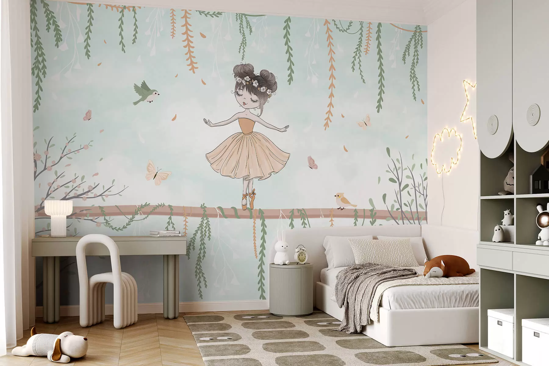 murales de pared Un paisaje con princesa con pájaros y mariposas w03003v1