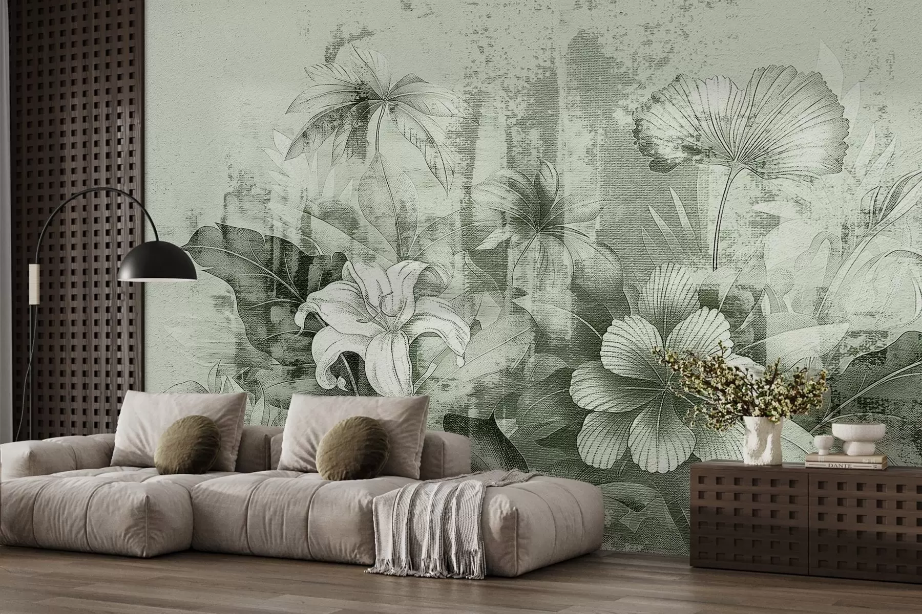 murales de pared Diseño vintage con flores y plantas exóticas w08767v3
