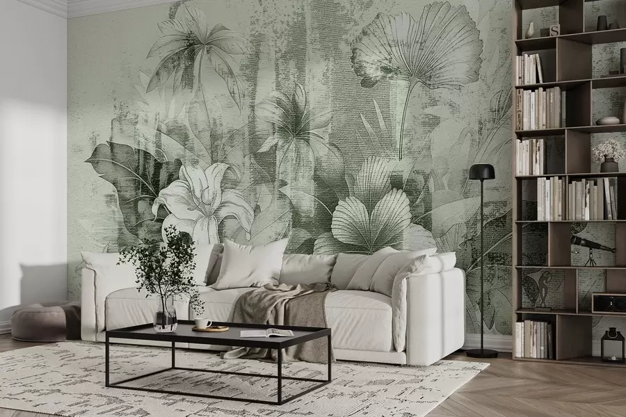 murales de pared Diseño vintage con flores y plantas exóticas w08767v3