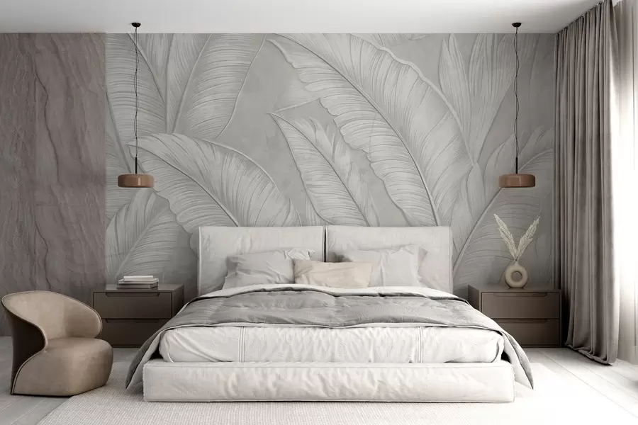 murales de pared Grandes hojas tropicales detalladas con gran textura en un color gris claro monocromático de estilo loft  w08772