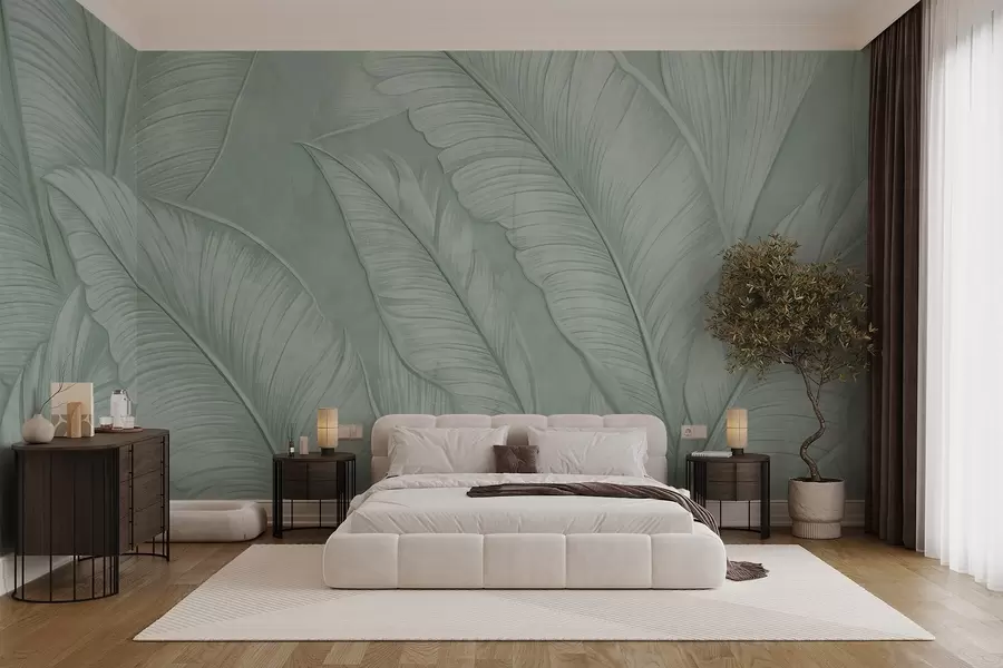 murales de pared Grandes hojas tropicales de gran textura y detalle en un color verde monocromático de estilo loft  w08772v1