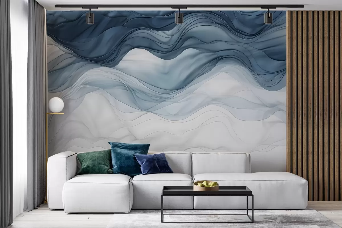 murales de pared Ondas fluidas de texturas translúcidas en tonos azul oscuro, azul claro y blanco sobre un fondo claro  w08775
