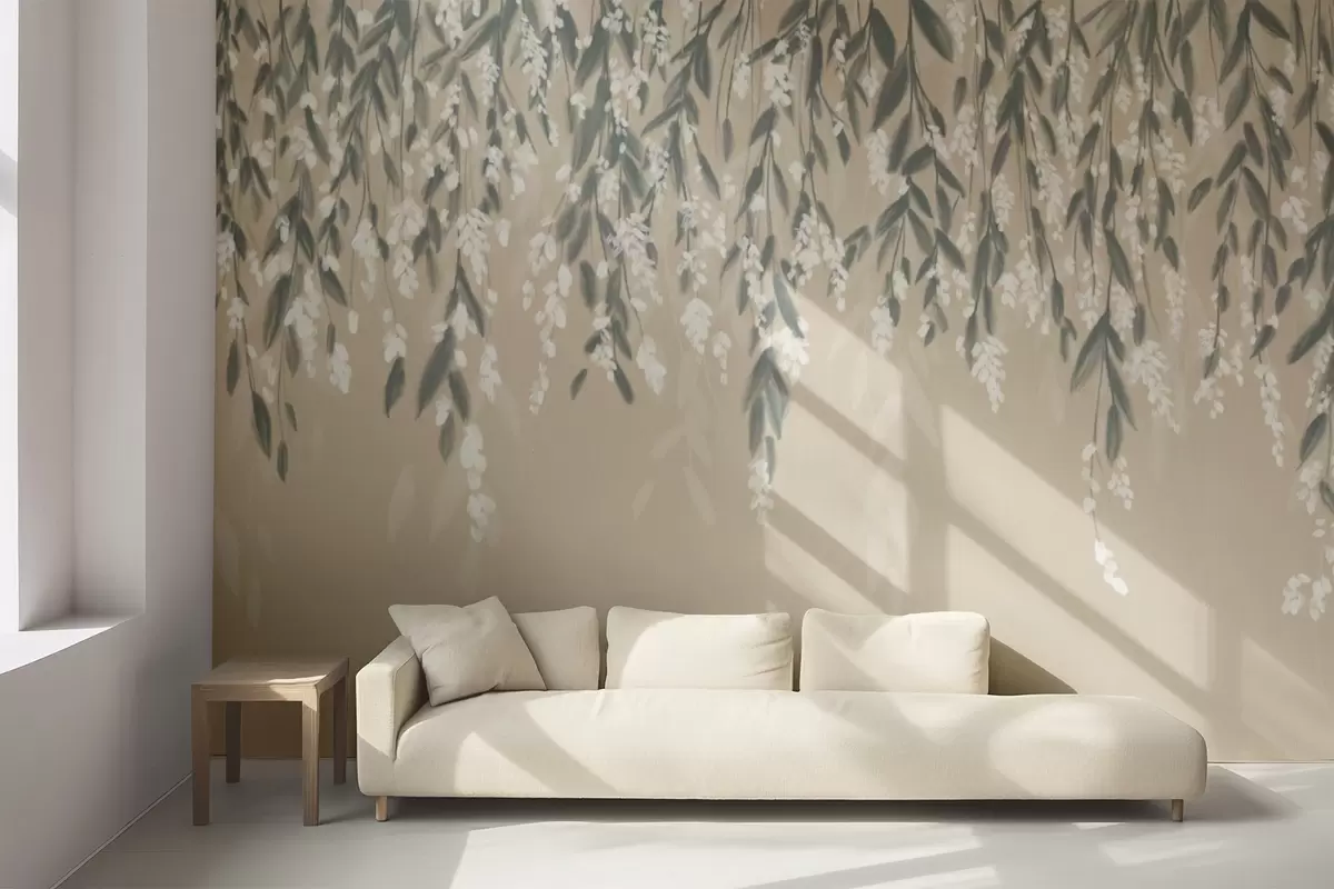 murales de pared Ramas de follaje en cascada en tonos de verde apagado con flores y hojas blancas sobre fondo beige w08781