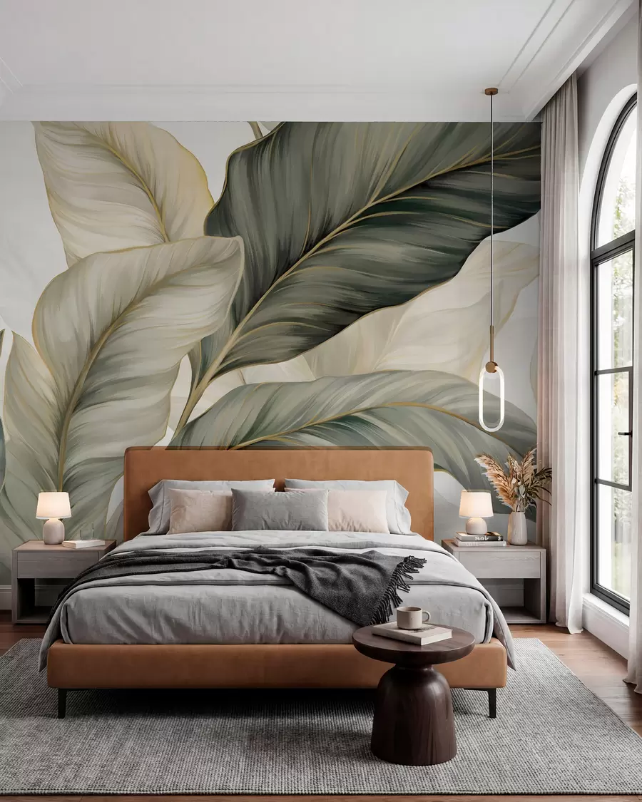 murales de pared Hojas grandes de textura estilizada con venas detalladas en varios tonos de verde, crema y beige w08785
