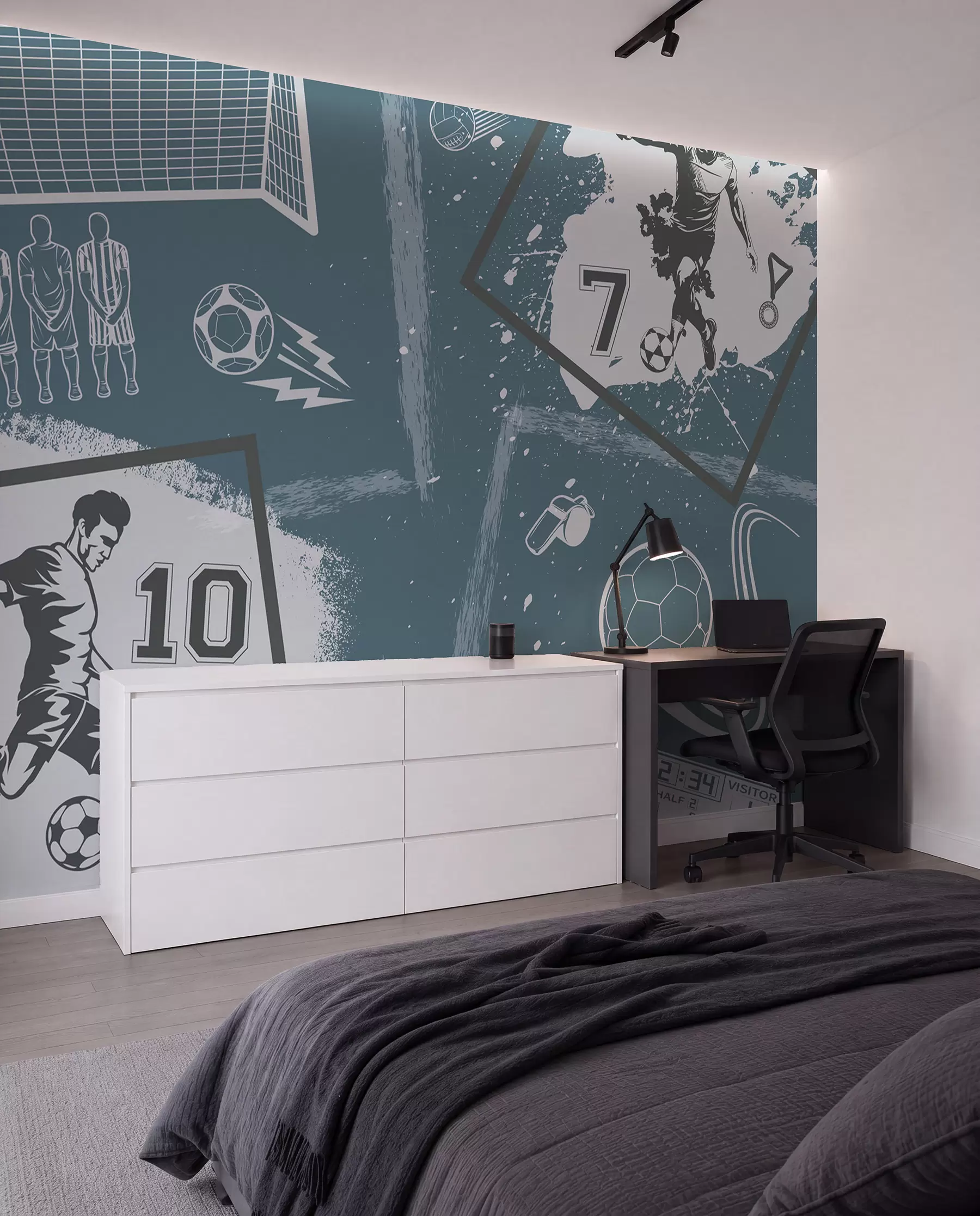 murales de pared Jugadores de fútbol, balón y otros atributos futbolísticos en tonos azules w03122