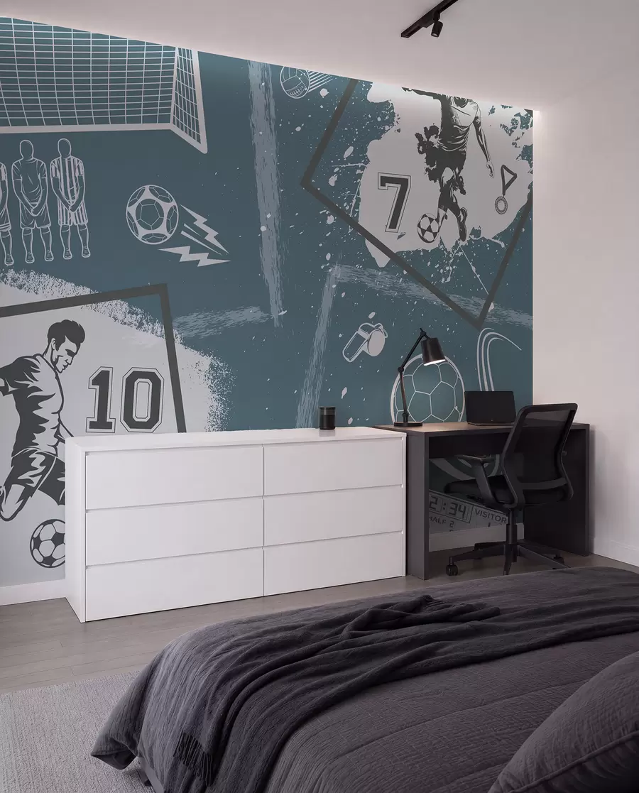 murales de pared Jugadores de fútbol, balón y otros atributos futbolísticos en tonos azules w03122