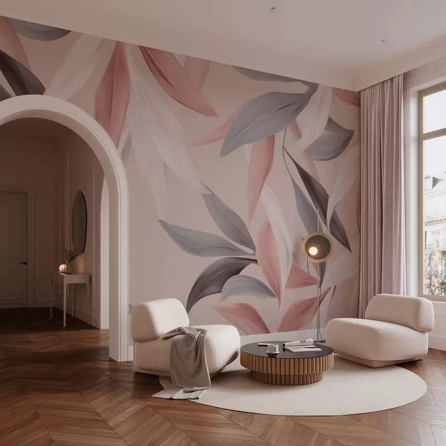 murales de pared Delicadas hojas tropicales en tonos rosados w03123