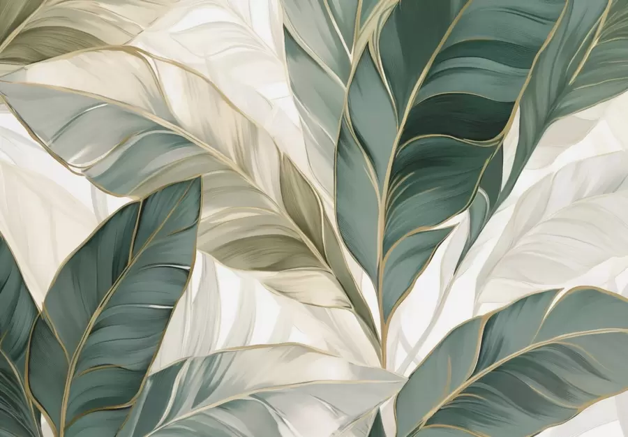 murales de pared Hojas tropicales verdes sobre fondo gris y blanco w03124