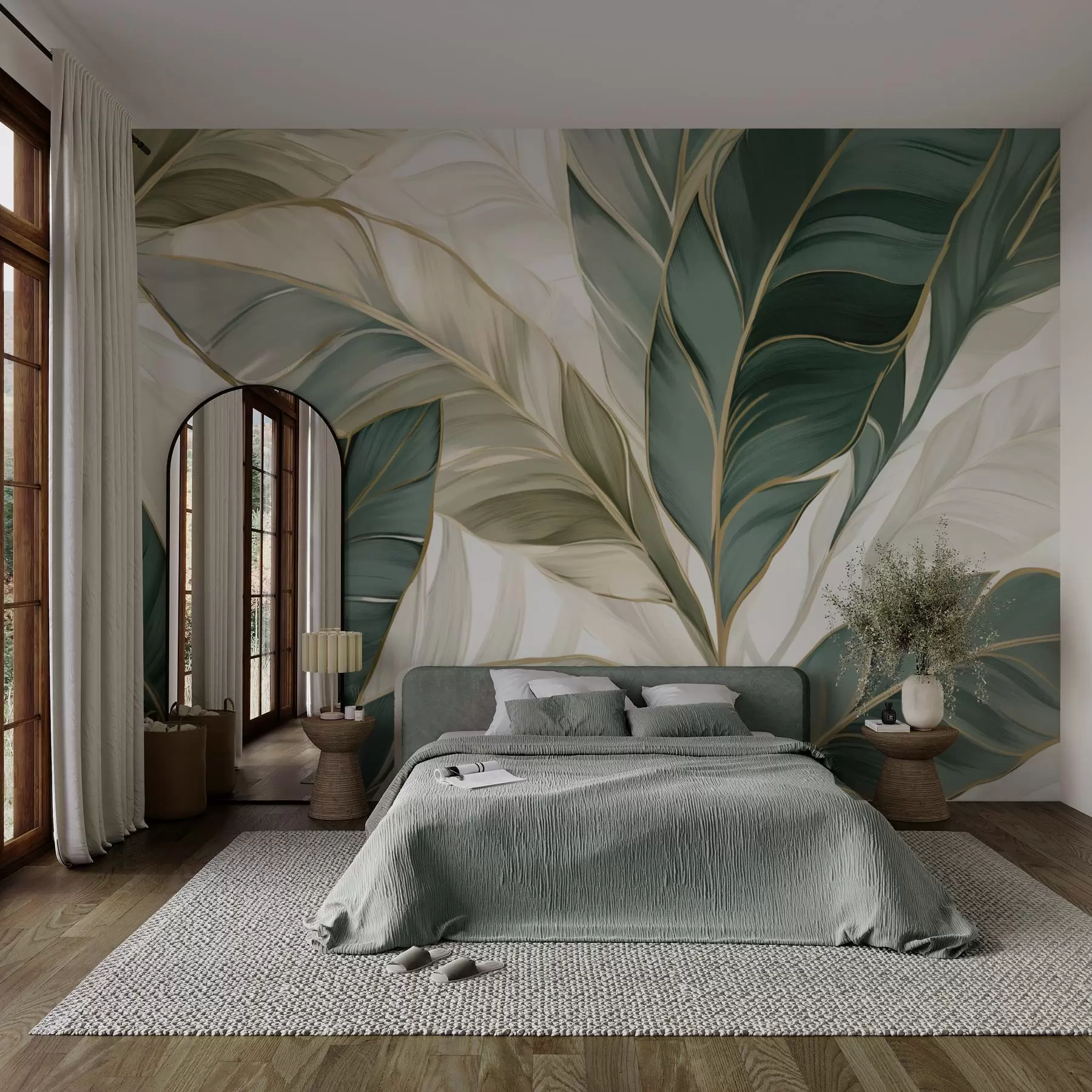 murales de pared Hojas tropicales verdes sobre fondo gris y blanco w03124