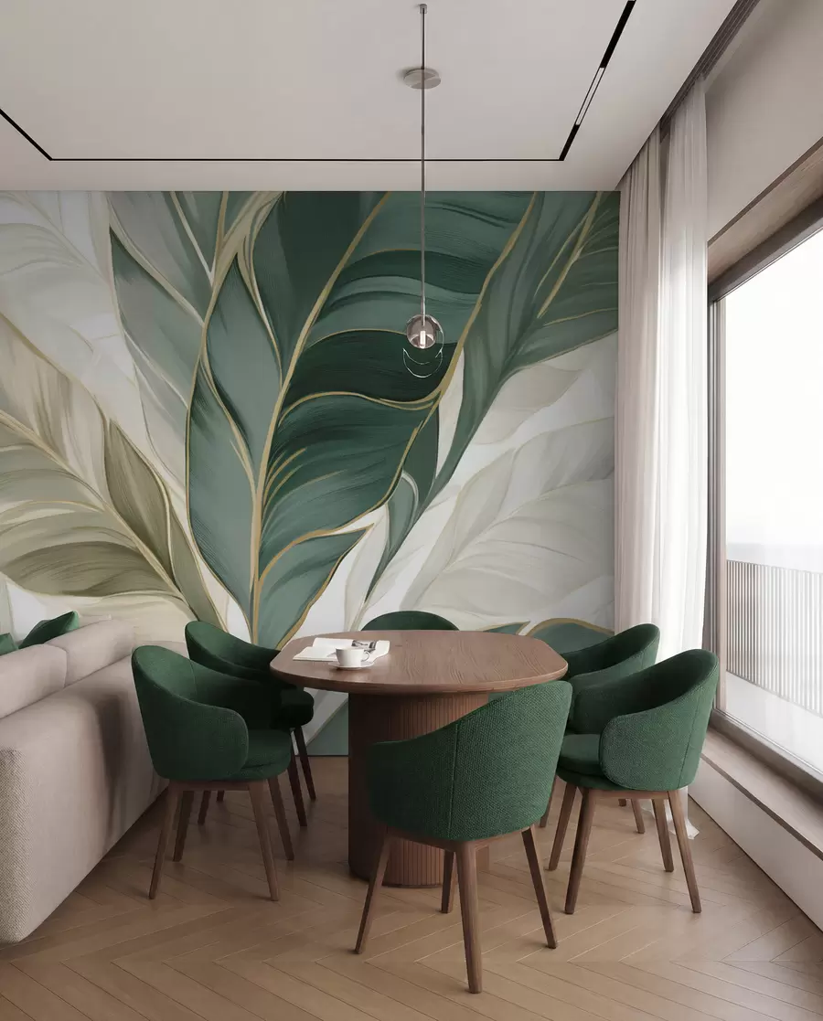 murales de pared Hojas tropicales verdes sobre fondo gris y blanco w03124