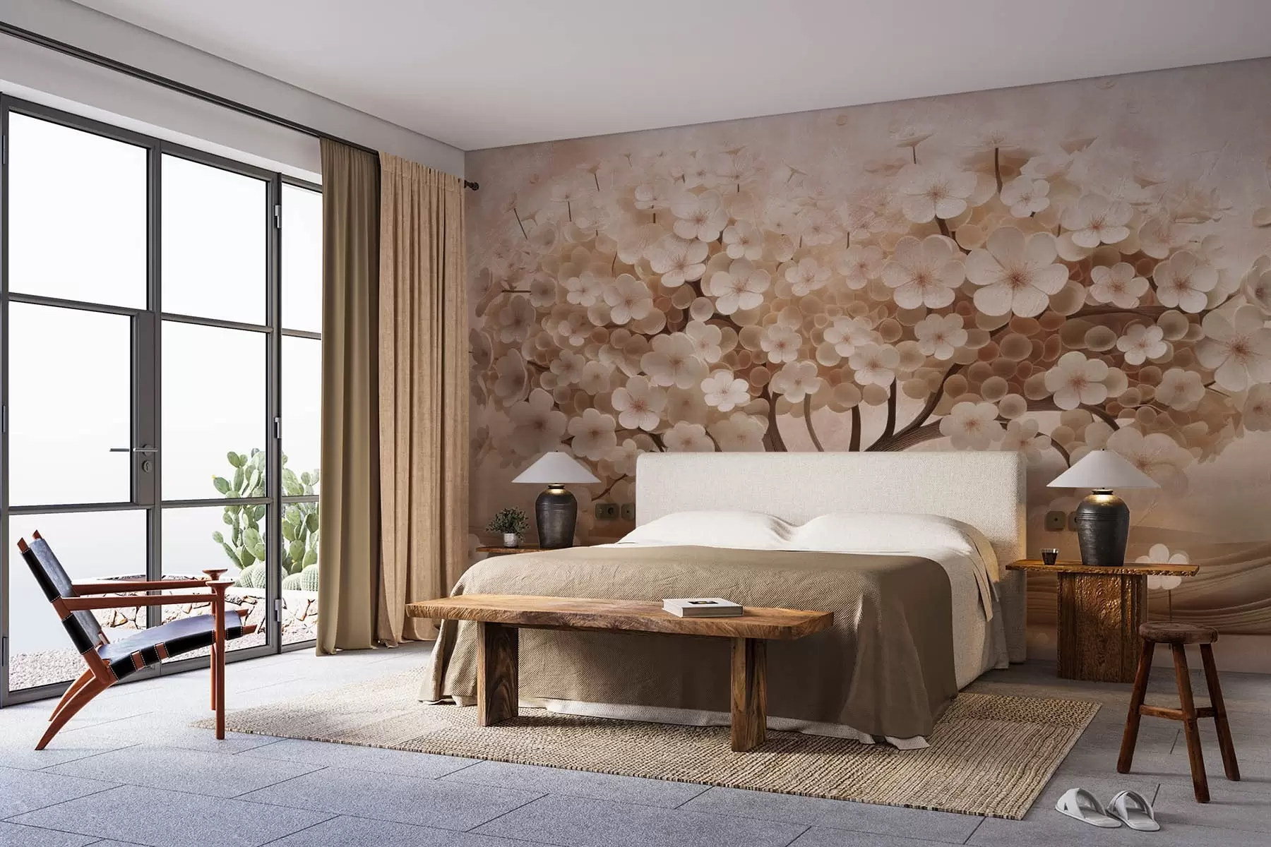 murales de pared Árbol abstracto con pequeñas flores sobre el fondo de una pared envejecida w08794