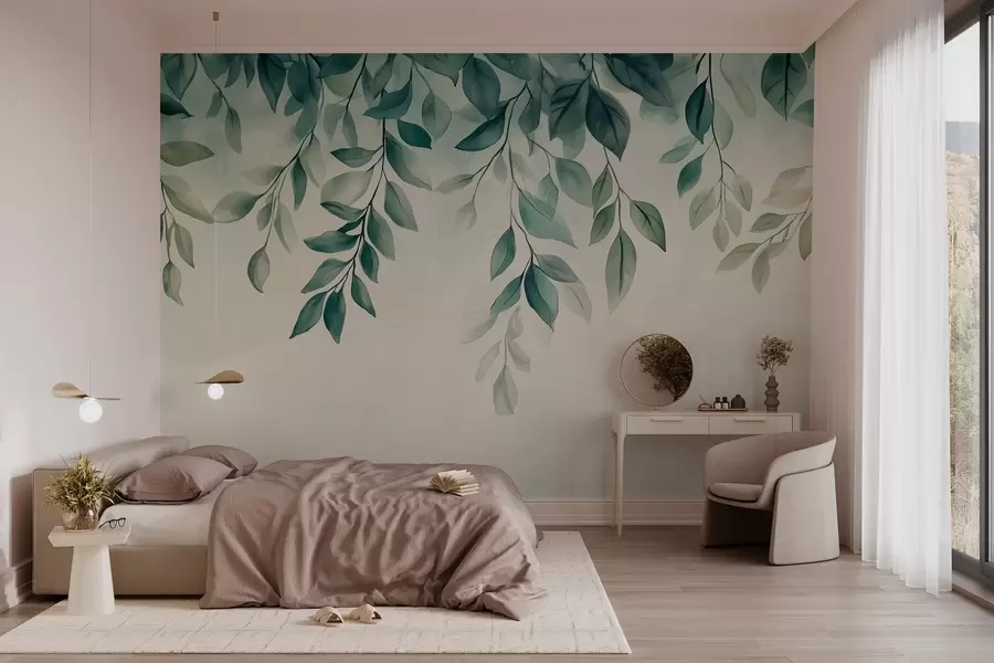 murales de pared foglie verdi in stile acquerello chì pendenu da a cima w03024