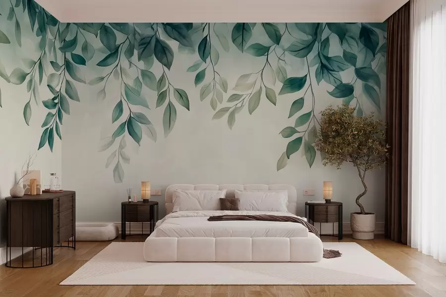 murales de pared foglie verdi in stile acquerello chì pendenu da a cima w03024