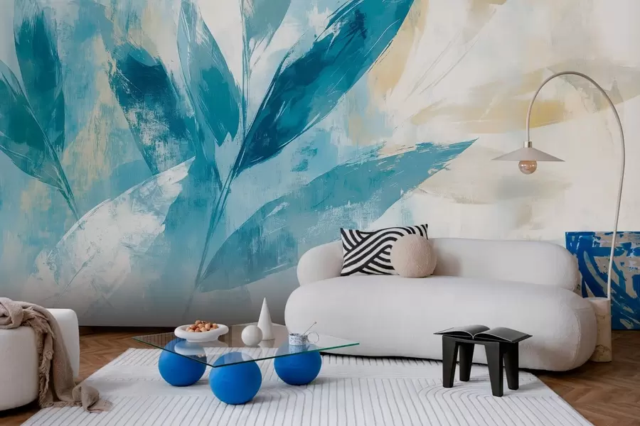 murales de pared foglie blu in u stilu di tratti astratti w03109