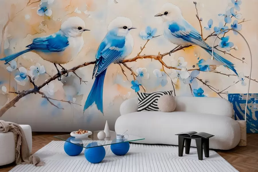 murales de pared uccelli cantori di primavera nantu à un ramu d'arbre in stile di l'aquarelle w03112