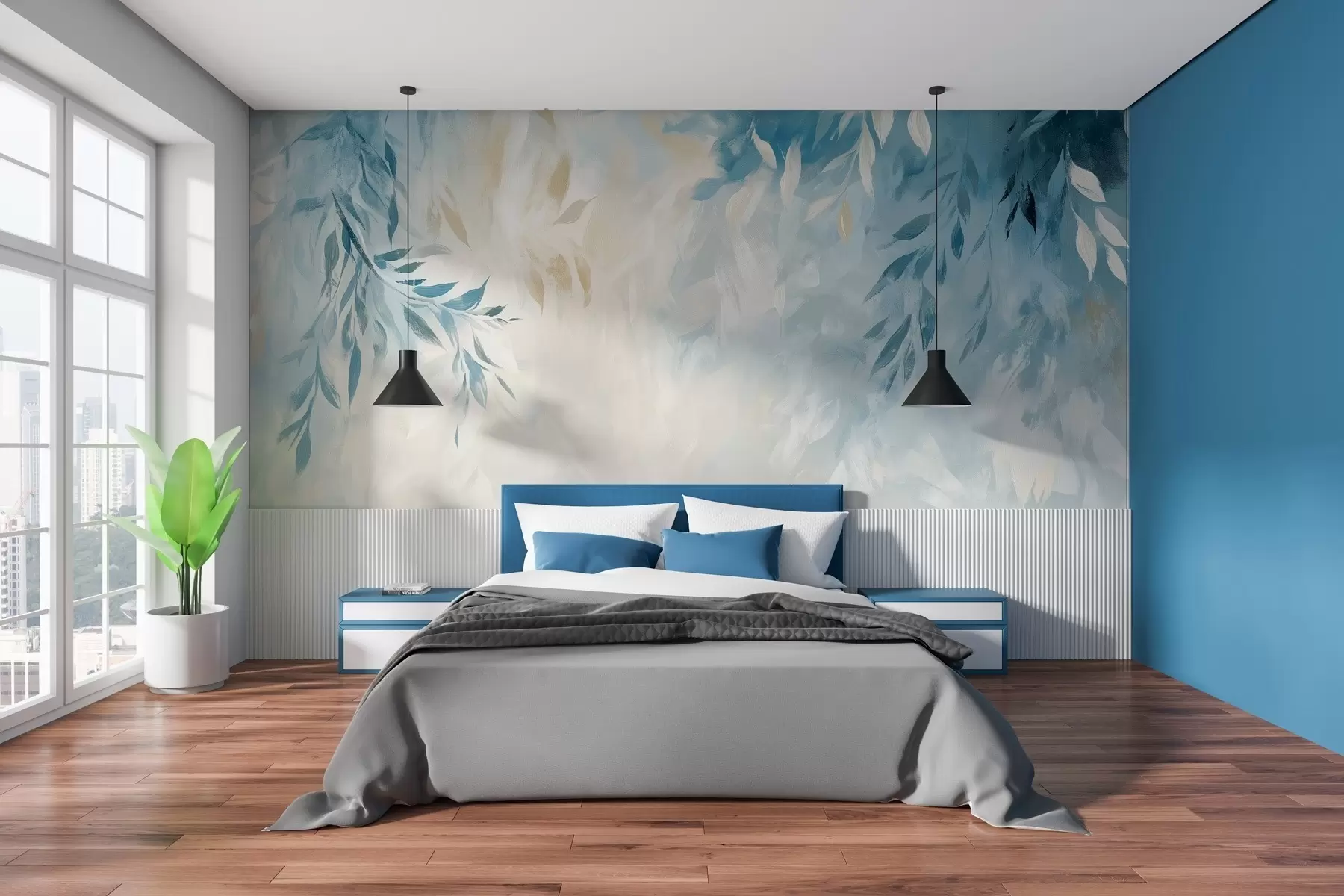 murales de pared foglie blu astratte cù tracce di stile di pittura à l'oliu w03114