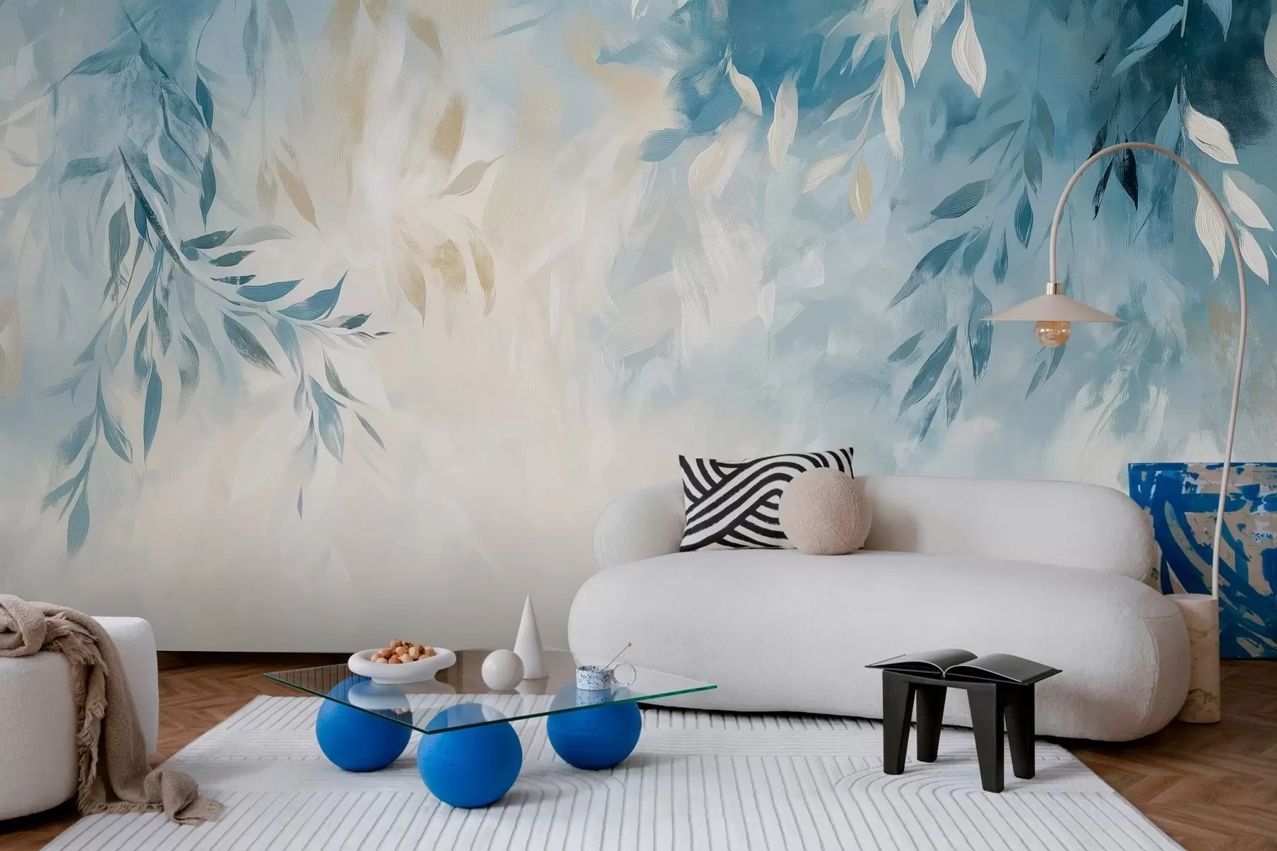murales de pared foglie blu astratte cù tracce di stile di pittura à l'oliu w03114