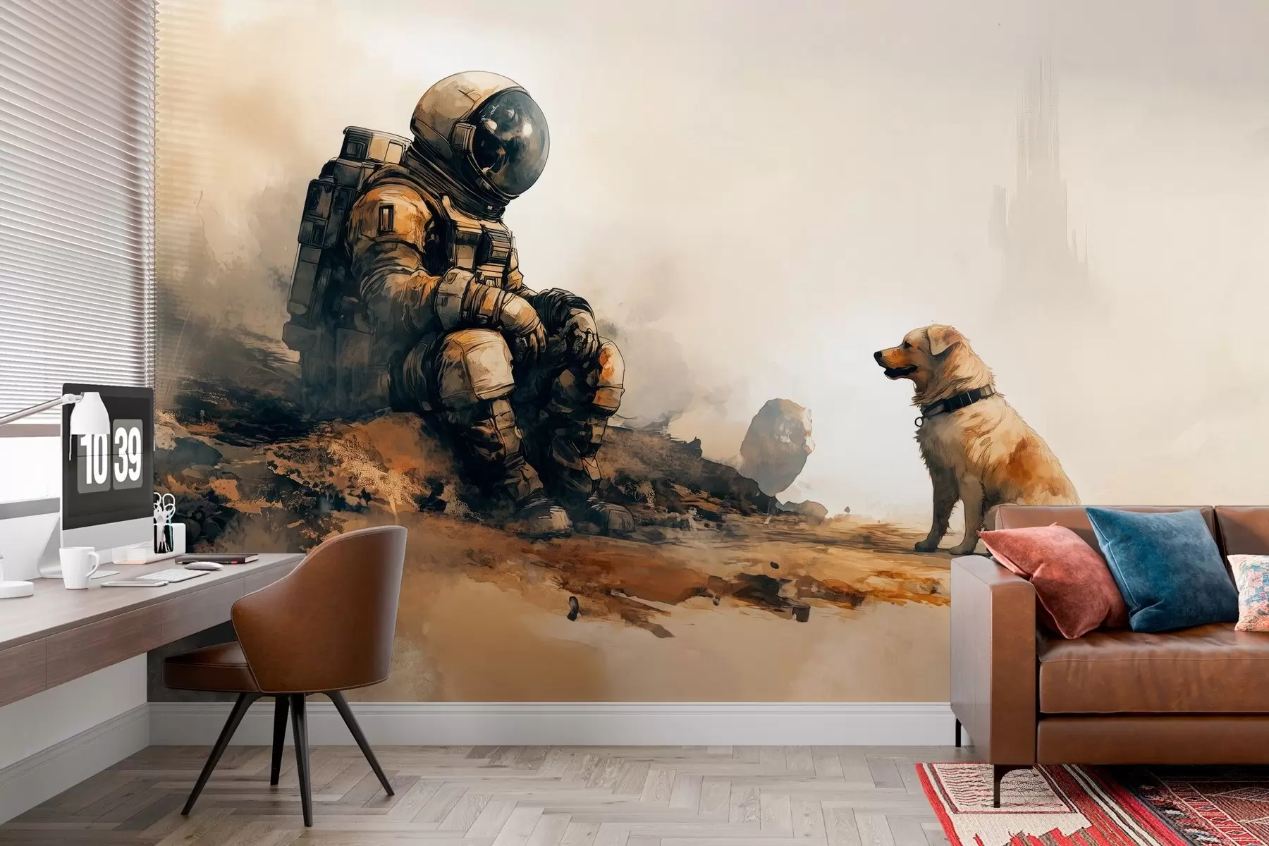 murales de pared paisaghju post-apocalitticu cù un astronauta è un cane w03115