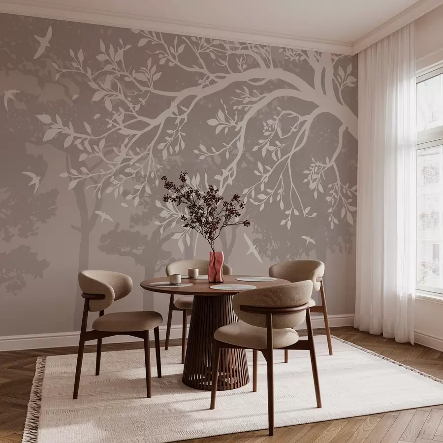 murales de pared siluette di un ramu d'arburu cremosu cù uccelli, nantu à u fondu di a furesta w03116