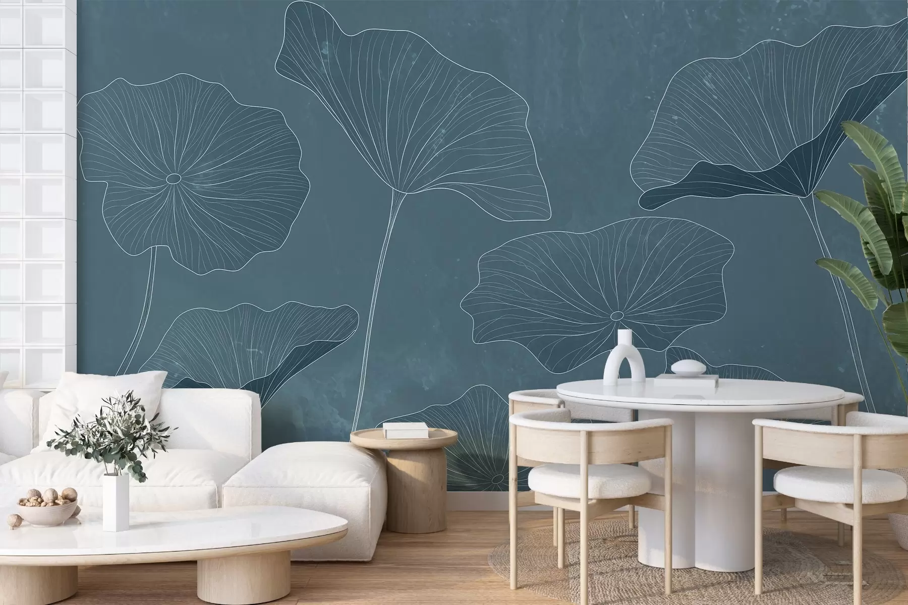 murales de pared Siluette di foglie di lotu eleganti nantu à un fondo strutturatu in sfumature blu profonde w03156
