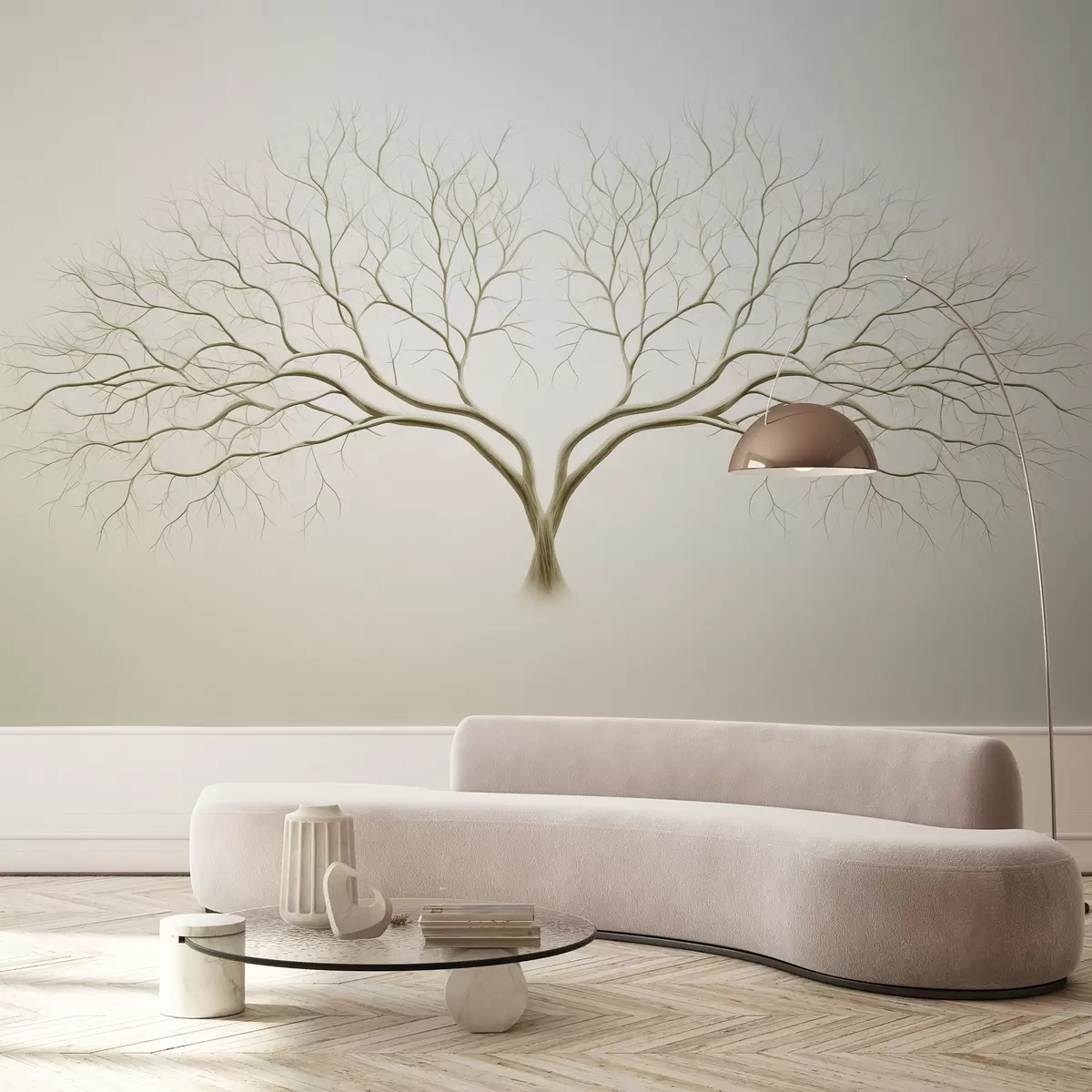 murales de pared Imagine minimalista di un arbre cù rami delicati nantu à un fondo beige chjaru w03159v2