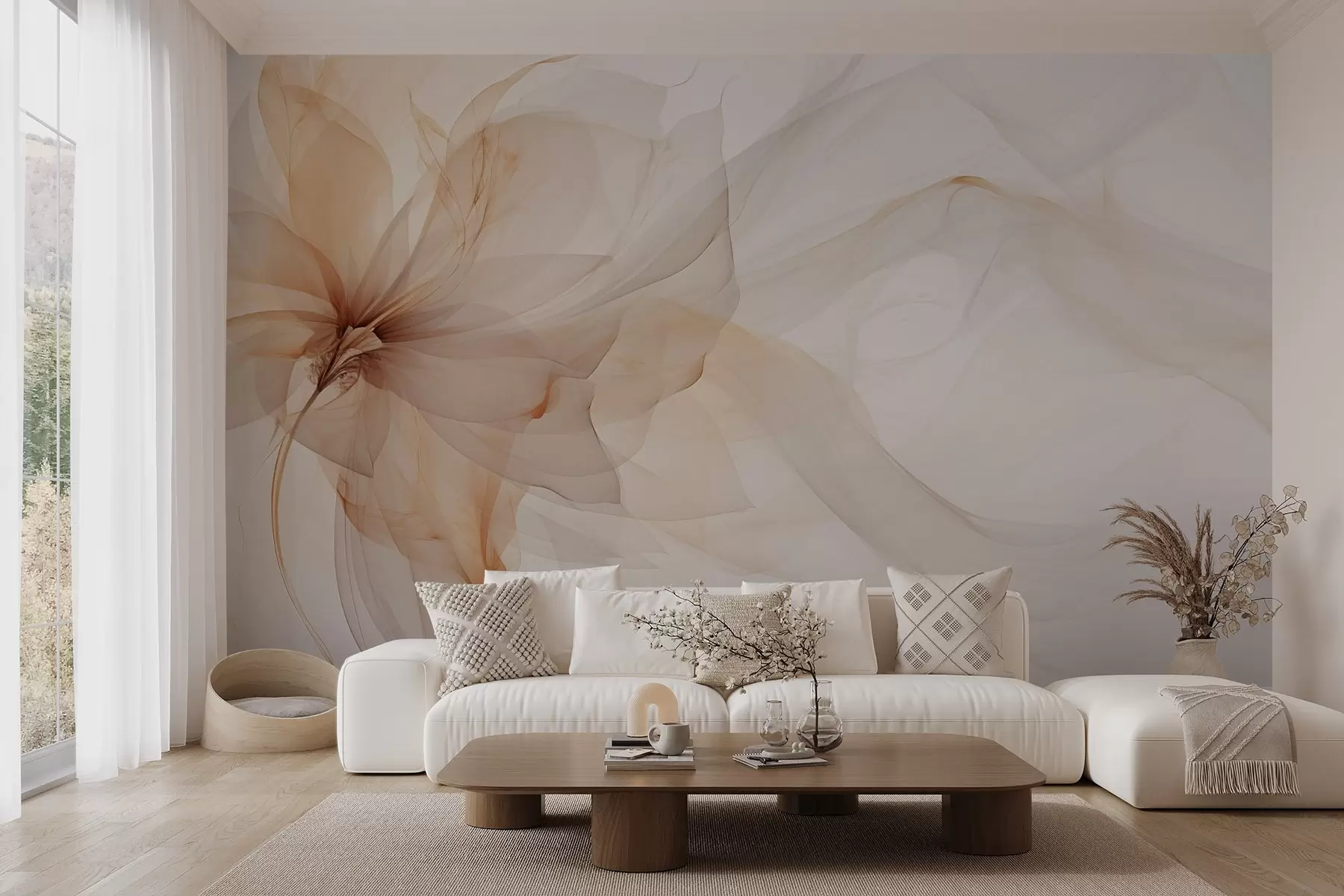 murales de pared Fiore etereu cù linee traslucide delicate in tons pastel w03162