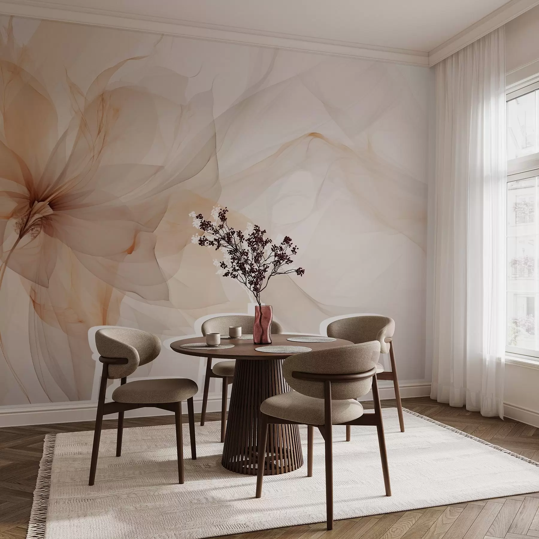 murales de pared Fiore etereu cù linee traslucide delicate in tons pastel w03162