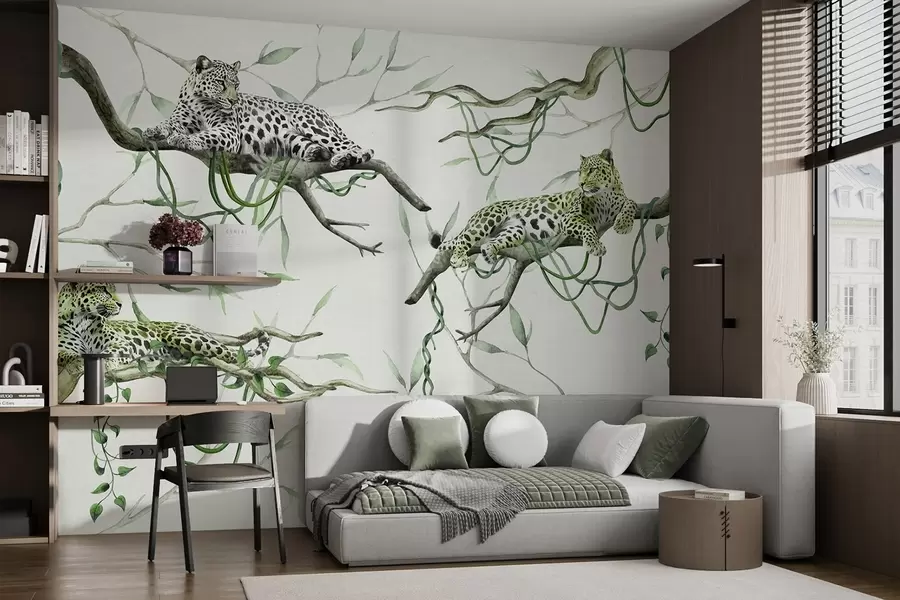 murales de pared Leopardos en los árboles de la selva, lianas, tropical, animales salvajes, paleta de color verde w03146v1