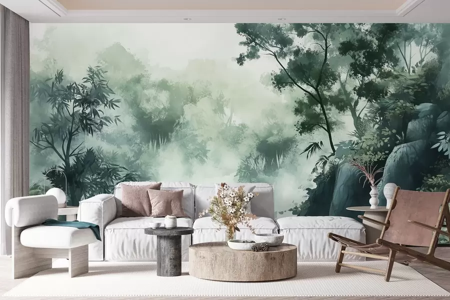 murales de pared Paisaje oriental, selva, árboles, estilo acuarela, colores verdes w03149