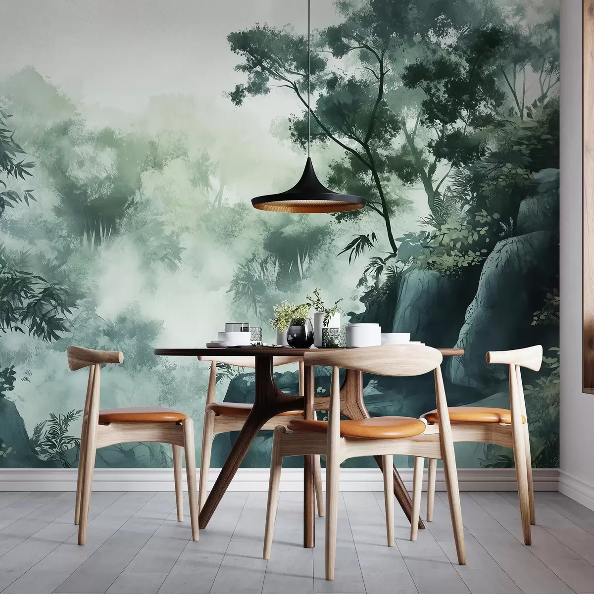 murales de pared Paisaje oriental, selva, árboles, estilo acuarela, colores verdes w03149