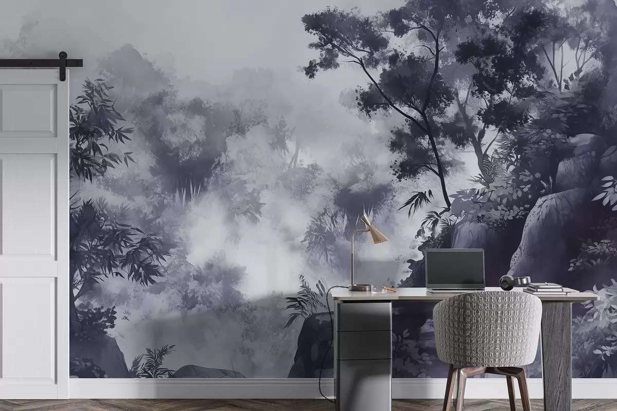 murales de pared Paisaje oriental, selva, árboles, estilo acuarela, colores grises w03149v1