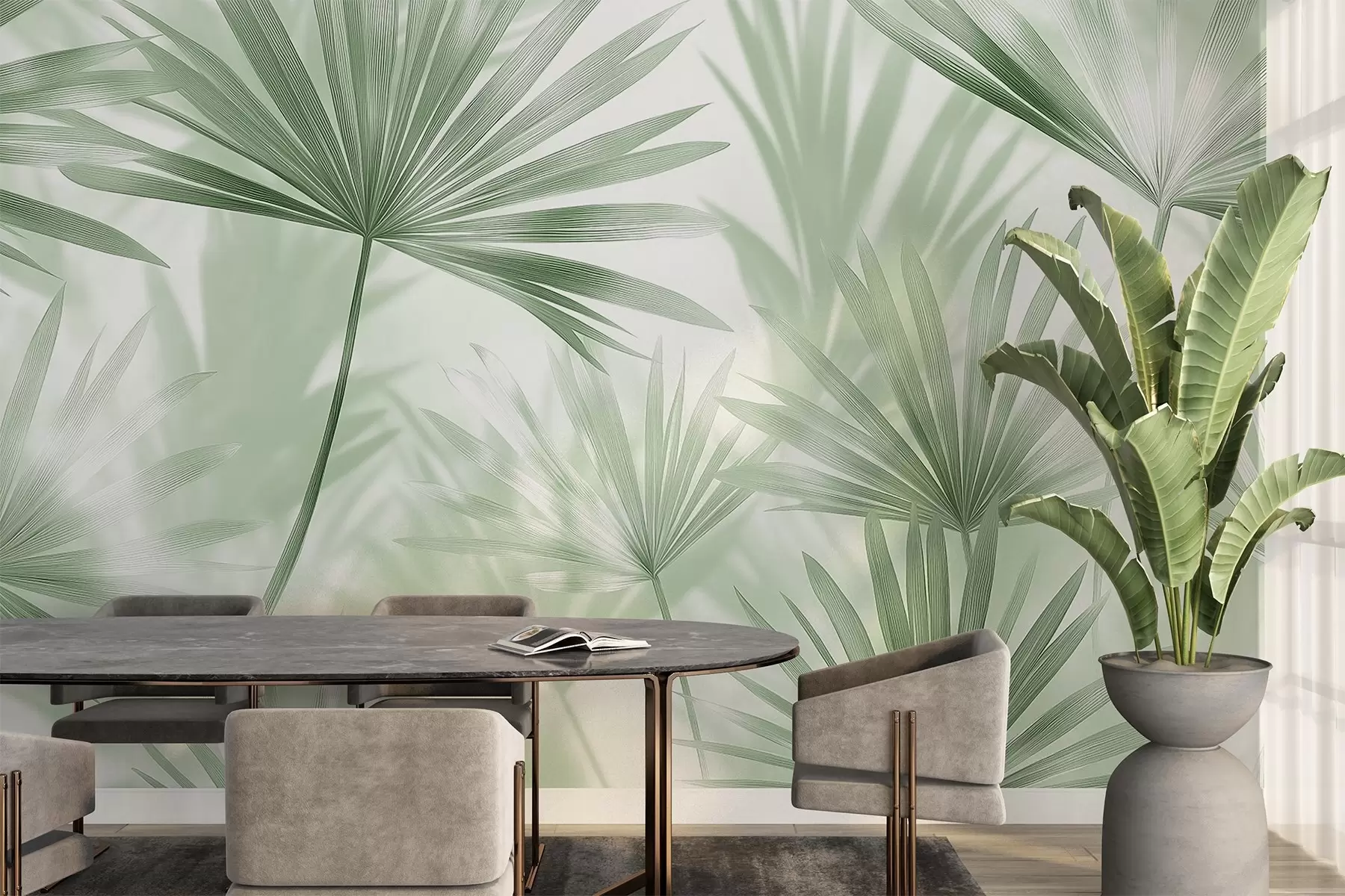 murales de pared Hojas de palmera, motivo floral, minimalismo, tropical, colores verdes w03152v2